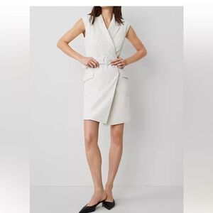 NWT Ann Taylor Ivory Pinstripe Sleeveless Belted Lapel Dress